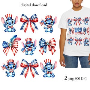 Independence Day-sublimatieontwerp, steek 4 juli, strikken Amerikaanse print, Amerikaanse vlag png-afdruk, Stitch, Instant Download