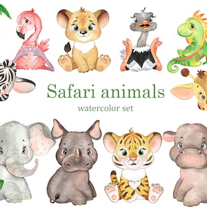 Clipart aquarelle animaux safari, animaux de la jungle, animaux mignons png, décoration murale de chambre d'enfant, baby shower, téléchargement numérique png
