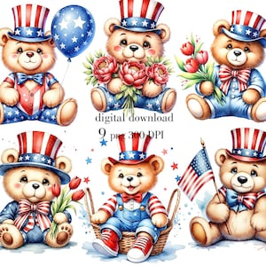 Clipart di orsacchiotto patriottico, 4 luglio, PNG di orso, bandiera americana, simpatici animali degli Stati Uniti, uso commerciale