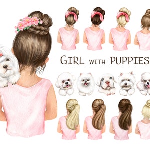 Meisjes met witte honden aquarel clipart. Witte honden. Schattige puppyclipart. Witte puppy-png. Hond aquarelprint png.