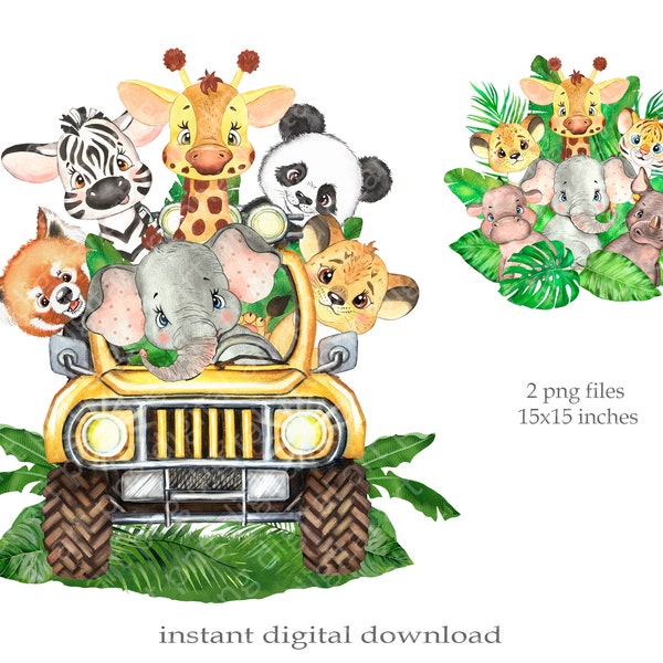 Safari  Watercolor Animals in Jungle Car kids print. Printable Safari Animals, Baby Onesie PNG, Nursery Wall Art, digital download