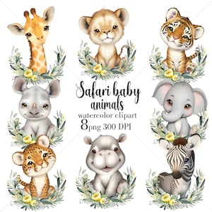Safari bébé animaux Clipart, aquarelle animaux de la jungle PNG, décoration de chambre d'enfant, girafe, Lion, tigre, éléphant, Clipart zèbre, usage Commercial