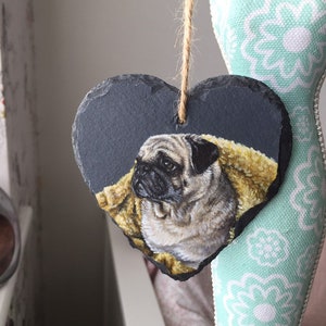 Custom miniature pet portrait acrylic painting on hanging slate heart