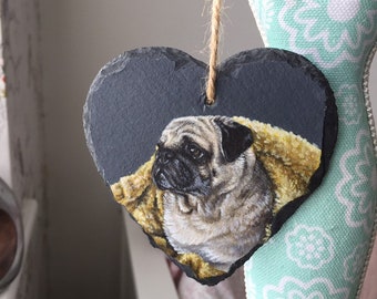 Custom miniature pet portrait acrylic painting on hanging slate heart