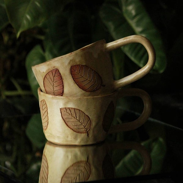 Ceramic mugs | rustic carved leaf design | beige mugs handmade | coffee mugs | large teacups | botanical unique mugs