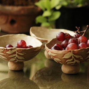 Rustic dessert bowls | small ceramic bowls set of 3 | vintage leaf painting design | icecream bowls | handmade coil built pottery