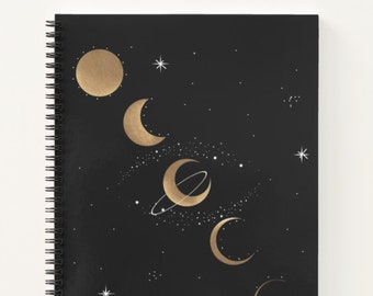 Phases of the Moon Spiral Notebook | Black Blank Lined College Ruled Wide Ruled Graph | Gold Detailing | Metaphysical Design