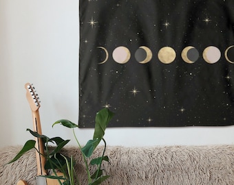 Phases of the Moon Tapestry | Black Gold Stars Sun Moon Bohemian Wall Hanging | Minimalist Modern Home Decor | Celestial Artwork