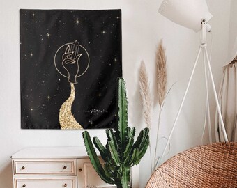 The Moonlit Path Tapestry | Black Gold Stars Sun Moon Bohemian Wall Hanging | Minimalist Modern Home Decor | Full Moon Wiccan
