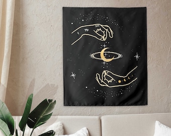 Celestial Hands Tapestry | Black Gold Stars Sun Moon Bohemian Wall Hanging | Minimalist Modern Home Decor