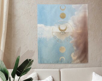 Celestial Tapestry | Gold Sun, Moon, Stars | Boho Wall Art