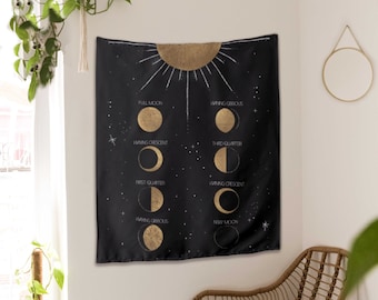 Moon Phase Tapestry | Celestial Wall Hanging, Black & Gold