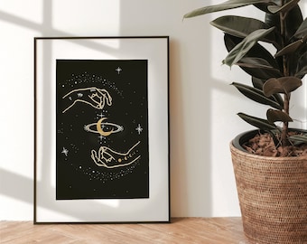 Celestial Hands Art Print | Clouds Celestial Lunar Artwork | Geometric Circle Moon Phases | Evil Eye Bohemian Stars | Black White Gold