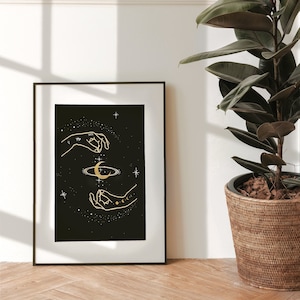 Celestial Hands Art Print | Gold Moon Phases, Stars Artwork