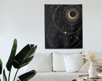 Tapiz Celestial / Sol, Luna y Estrellas Dorados / Decoración Wicca para el Hogar