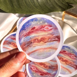 Naklejka winylowa Jupiter | Niebieski różowy pasek Planeta akwarela pastel | Wodoodporna butelka na wodę Naklejki na laptopa Naklejki wycinane metodą die cut