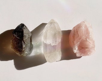The Luna Crystal Set | Healing Crystal Gift | Rough Rose Quartz, Clear Quartz, and Smokey Quartz | Magical Wicca Witchcraft | Gemstones