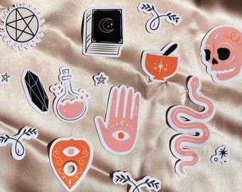 Palmistry 15 pc Sticker Set | Pink Orange Black Witchy Waterproof Water Bottle Laptop Stickers | Celestial Vinyl Decals Die Cut Sticker