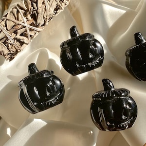 Obsidian Pumpkin Crystal | Jack-O-Lantern Carved Gourd Fall Halloween Spooky Aesthetic | Minimalist Magical Gemstone | Black Smooth Stone