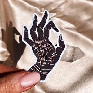 Palmistry Hand Vinyl Sticker | Black Gold Witchy Stickers Waterproof Water Bottle Laptop Stickers | Celestial Lunar Decals Die Cut Sticker