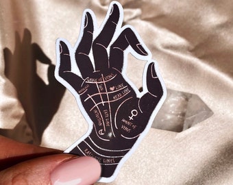 Palmistry Hand Vinyl Sticker | Black Gold Witchy Stickers Waterproof Water Bottle Laptop Stickers | Celestial Lunar Decals Die Cut Sticker