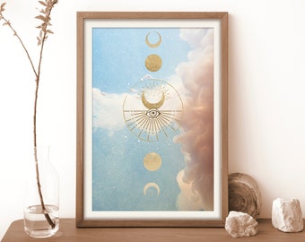 Modern Mysticism Art Print | Clouds Celestial Lunar Artwork | Geometric Circle Moon Phases | Evil Eye Bohemian Stars