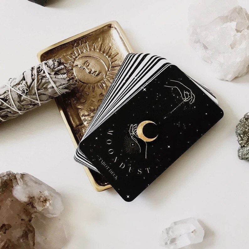 Moondust Tarot Deck ™ | 78 Black White Tarot Cards, Gold Foil Edges, Beginner's Complete Card Deck, Egyptian Magic Divination Tools 