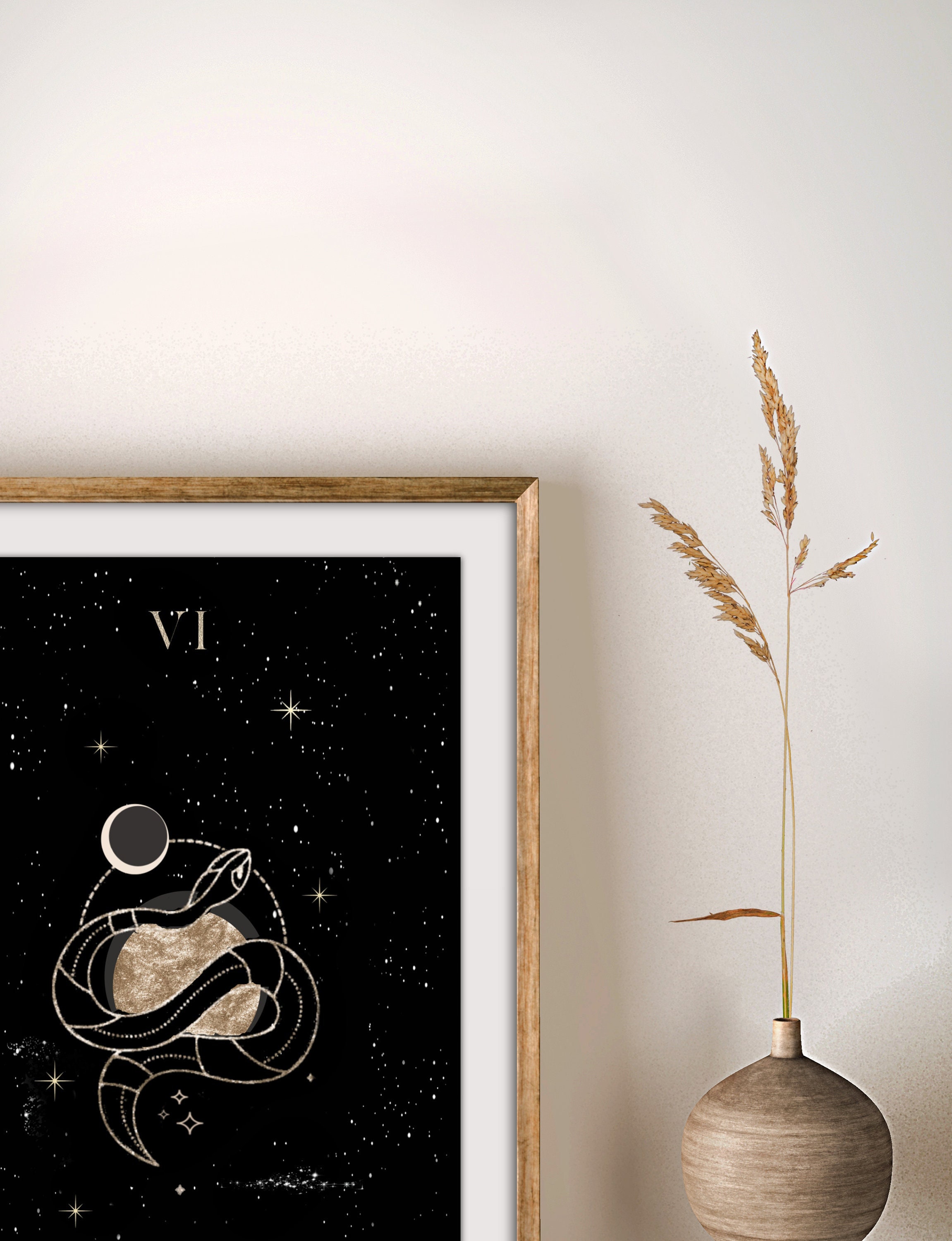 The Serpent  Art Print | Black Gold Clouds Celestial Lunar | Geometric Circle Moon Phases Stars | Beige  Sun Magic