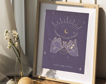 Celestial Hands Purple + Gold Art Print | Clouds Lunar Artwork | Geometric Circle Moon Phases | Bohemian Stars | White Gold Sun Stars