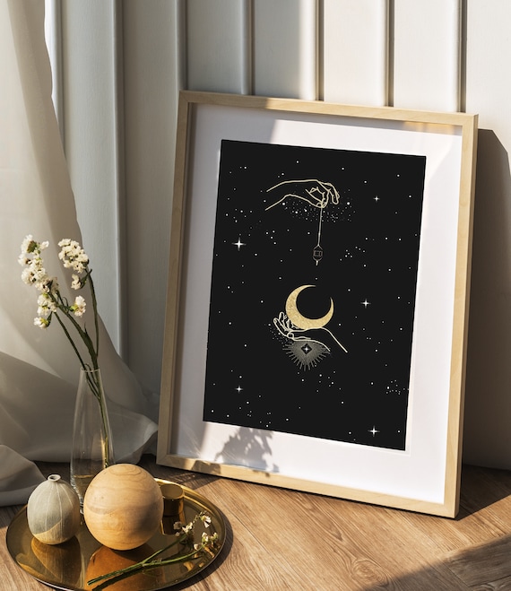 Lantern in the Moonlight Art Print Black Gold Celestial Lunar Artwork Geometric Circle Moon Phases Evil Eye Bohemian Stars Etsy Ireland