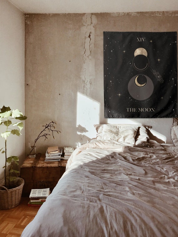 Black and Gold Celestial Tapestry | Minimalist Moon and Stars Wall Hanging