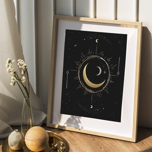 Lunar Moon Phases Art Print | Black, Gold Celestial Artwork