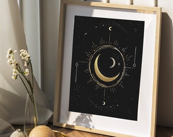 Time Turner Constellation Art Print | Clouds Celestial Lunar Artwork | Geometric Circle Moon Phases | Evil Eye Bohemian Stars | Black Gold