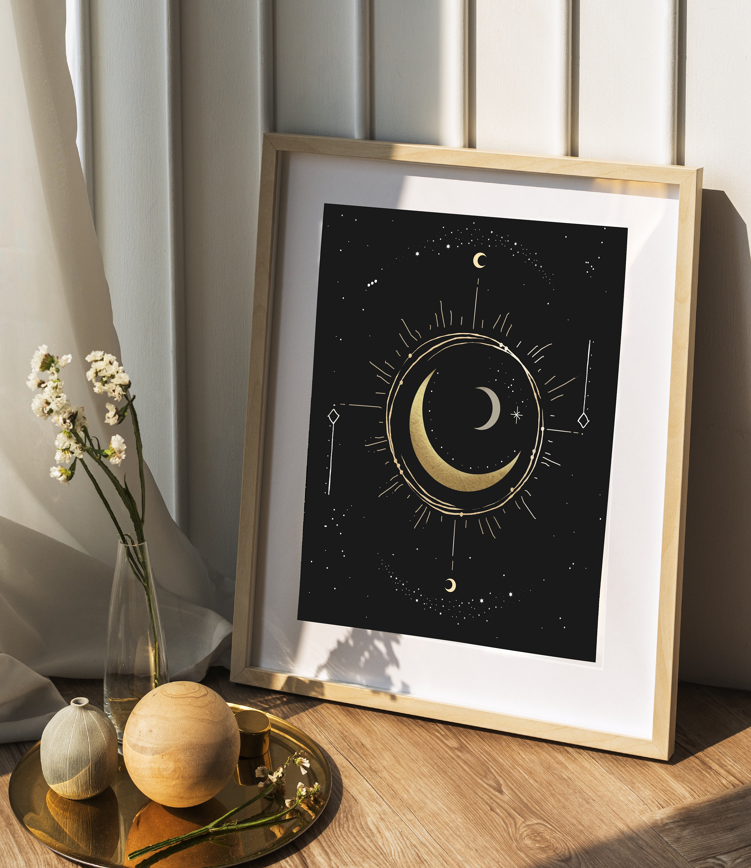 Lunar Moon Phases Art Print | Black, Gold Celestial Artwork - Etsy