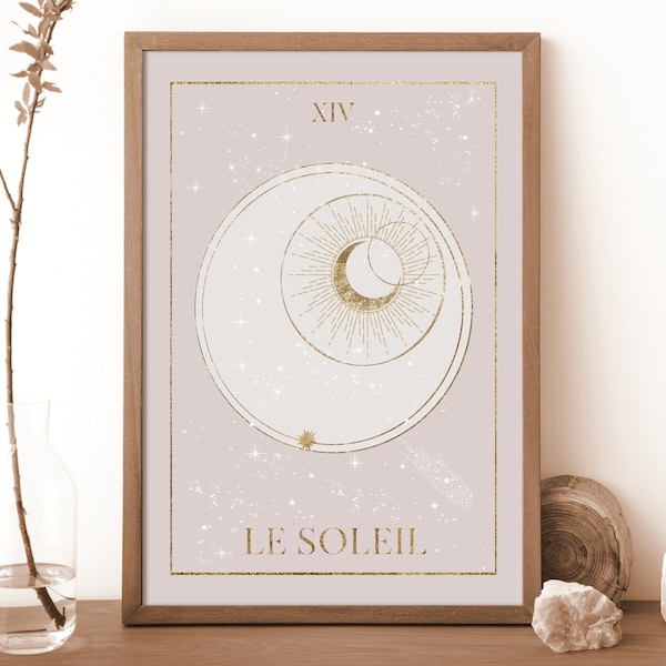 Le Soleil Art Print | Rainbow Clouds Celestial Lunar | Geometric Circle Moon Phases Stars | White Gold Pink Beige