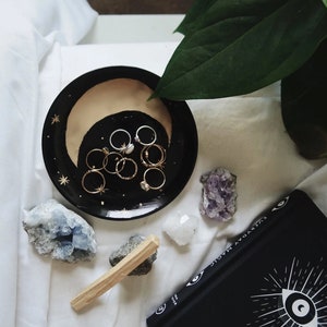 Crescent Moon Ring Dish | Gold & Black Ceramic Jewelry Storage | Bohemian Wiccan Witch Altar | Minimalist Stoneware Celestial Luna Ceramics