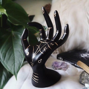 Handringhållare för handläsning | Svarta och guldsymboler | Stjärnor, himmelsk astrologi, magiskt altare | Guldfolierat häxträdsställ för häxring