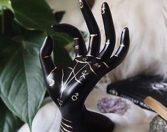 Palmistry Hand Ring Holder | Black and Gold Symbols | Stars Celestial Astrology Magic Altar | Gold Foil Witch Witchy Ring Tree Stand