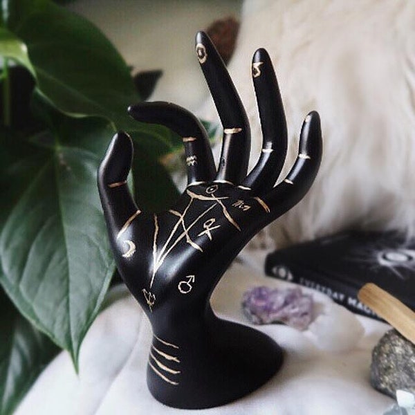 Palmistry Hand Ring Holder | Black and Gold Symbols | Stars Celestial Astrology Magic Altar | Gold Foil Witch Witchy Ring Tree Stand