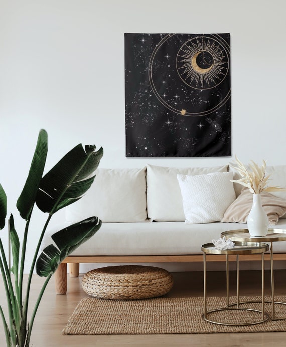 Celestial Tapestry | Gold Sun, Moon, Stars | Wiccan Home Decor