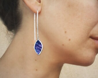 SWEET ALMEIRA long chain earrings hanging from blue stained glass