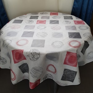 Rundes Wachstuch, 155 cm breit, modernes Grau und Burgunderrot
