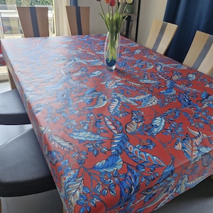 Coated cotton canvas 1.55m wide red and blue.