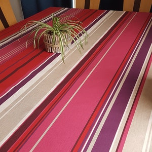 Coated canvas 1.80m wide with pink and red stripes.