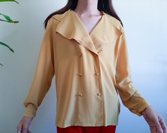 MILA SCHÖN Mustard Yellow Double Breasted Chiffon Blouse Long Sleeve Blouse  Womens Size M Vintage 80s Sheer Shoulder Pads Blouse Big collar