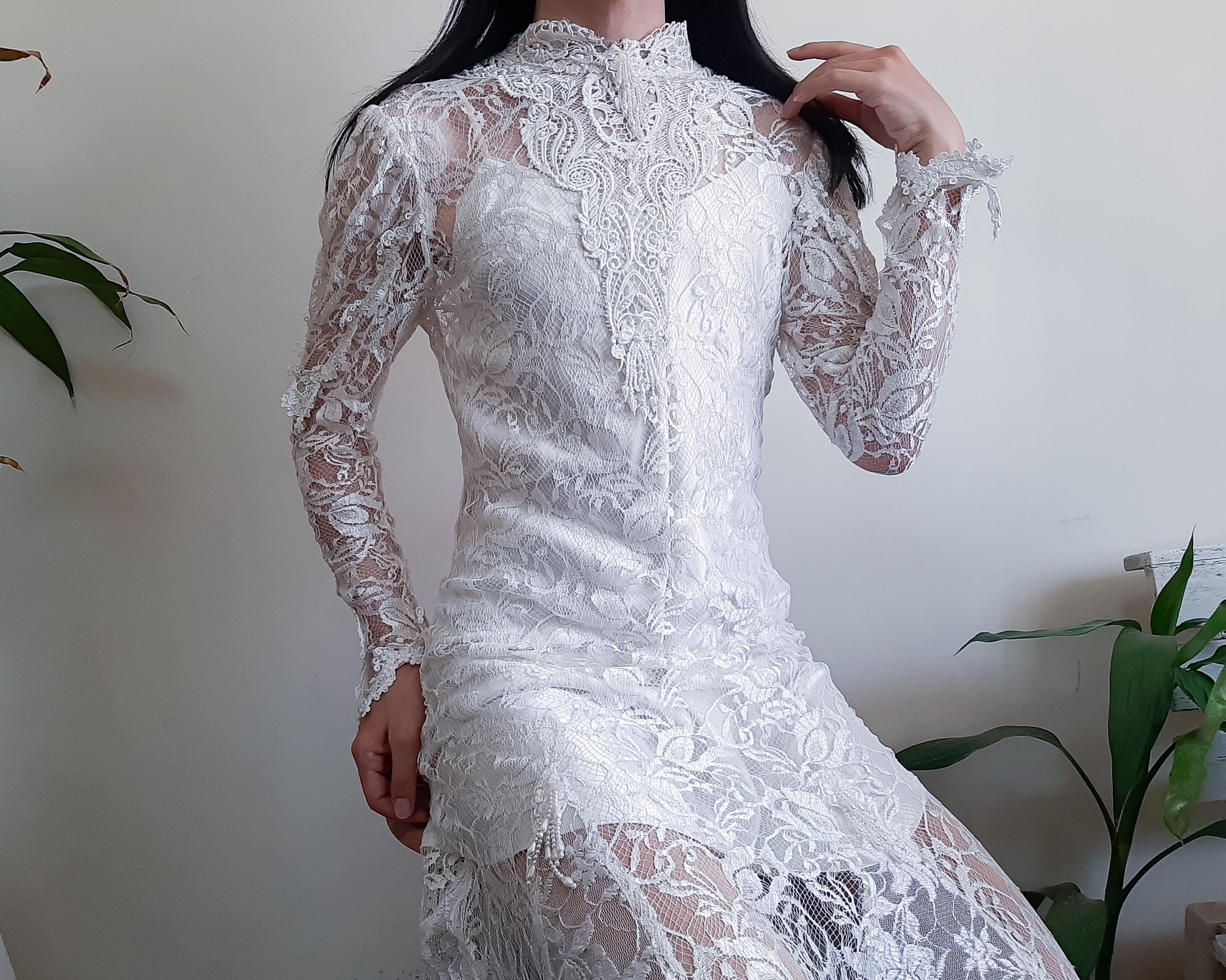 knee length dresses for ladies Long Sleeve Vintage Wedding Dress Backless Rustic Bridal Gown WD730 US4 / Ivory Lace+Champagne Lining main image 0