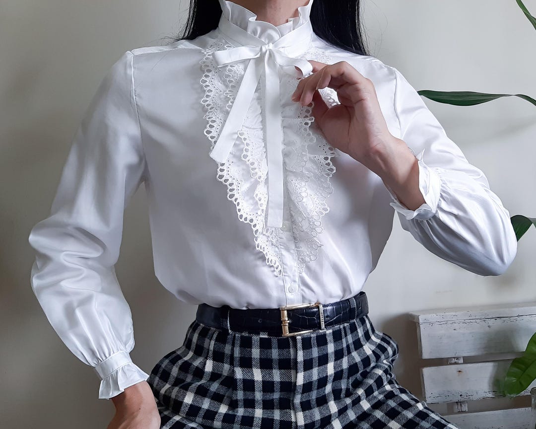 White Ruffle Jabot Vintage White Ruffle Blouse Jabot High Neck Ruffle With Bow Tie Button ...