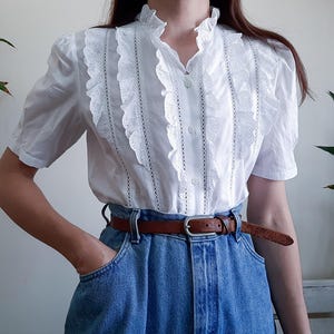 Vintage White Cotton Ruffle Blouse Puff Sleeve Short Sleeve Top Eyelet Lace Ruffle Blouse Victorian Ruffle Collar Button Up Cotton Blouse