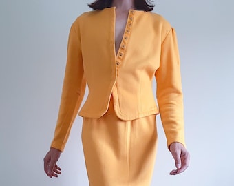 NORMA KAMALI Vintage 2 Piece Set Sweater Set Yellow Knit Cardigan And Skirt Set Snap Cardigan Puff Sleeve Cardigan Jacket And Skirt Set