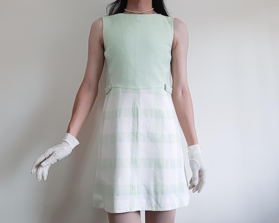 Courrèges, Vintage COURREGES Paris Pastel Green Plaid Mini Dress 60s Mod Space Age Size S